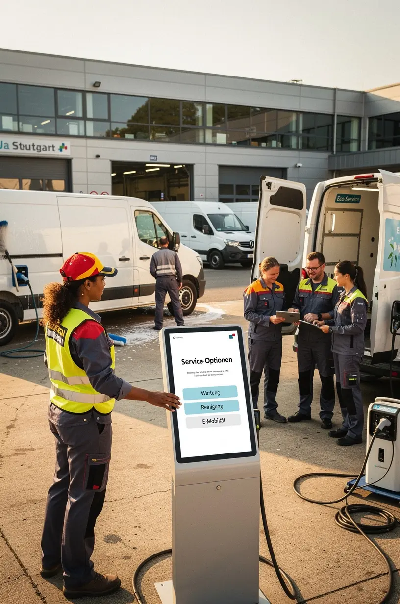 Logistikfahrzeug wird auf einem Prüfstand in einem Flottenwartungszentrum kontrolliert.