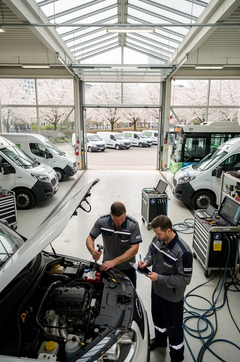 Techniker führen eine detaillierte Inspektion an einem Nutzfahrzeug in einem Servicezentrum durch.